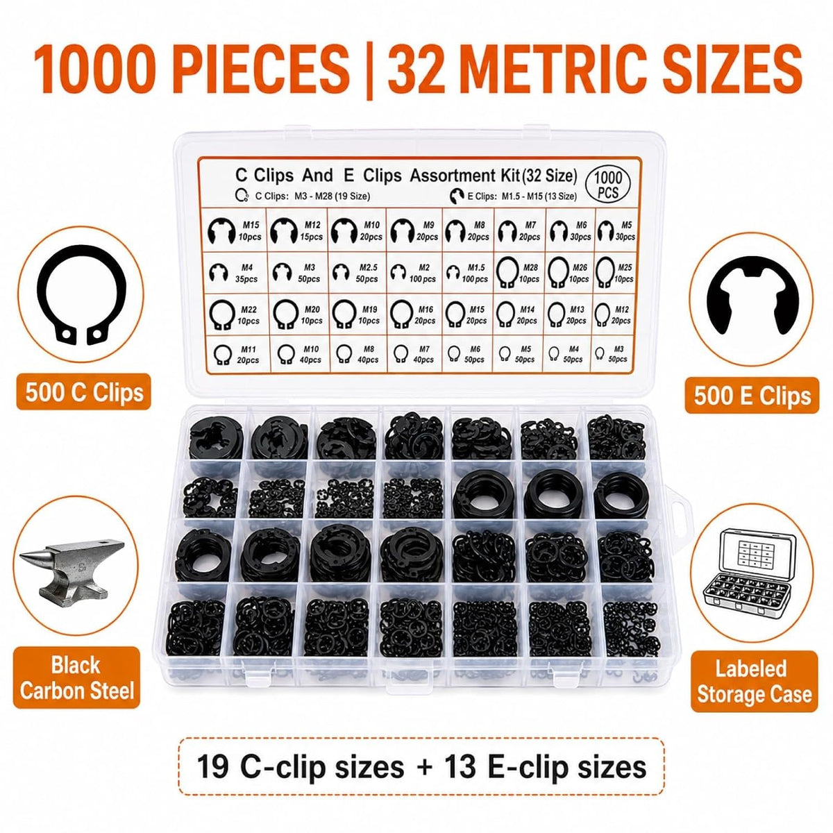 1000-Piece C Clips & E Clips Assortment Kit - 32 Sizes, Retaining Rings
