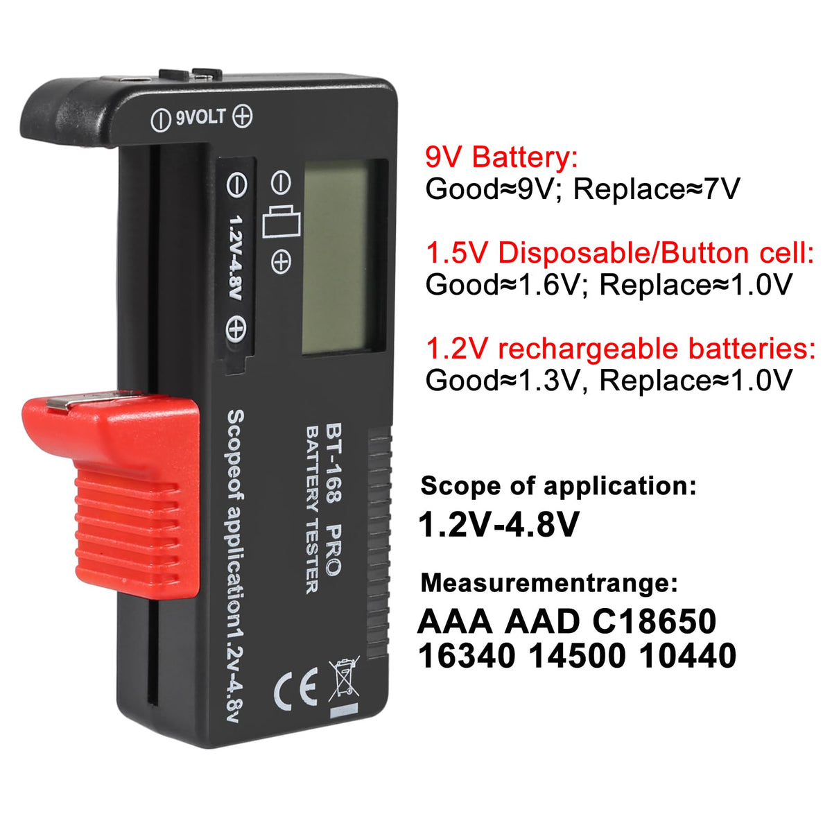 2 Pack Battery Tester, Digital LCD Universal Battery Checker for AA AAA C D 9V 3.7V 1.5V Button Cell Household Batteries