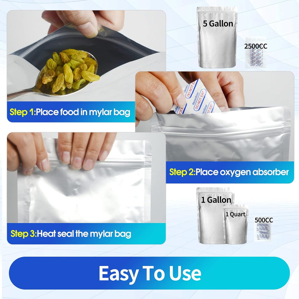 15 Mil 5 Gallon Mylar Bags for Food Storage with 2500cc Oxygen Absorbers - 55 Pack Mylar Bags Include 5 Gallon, 1