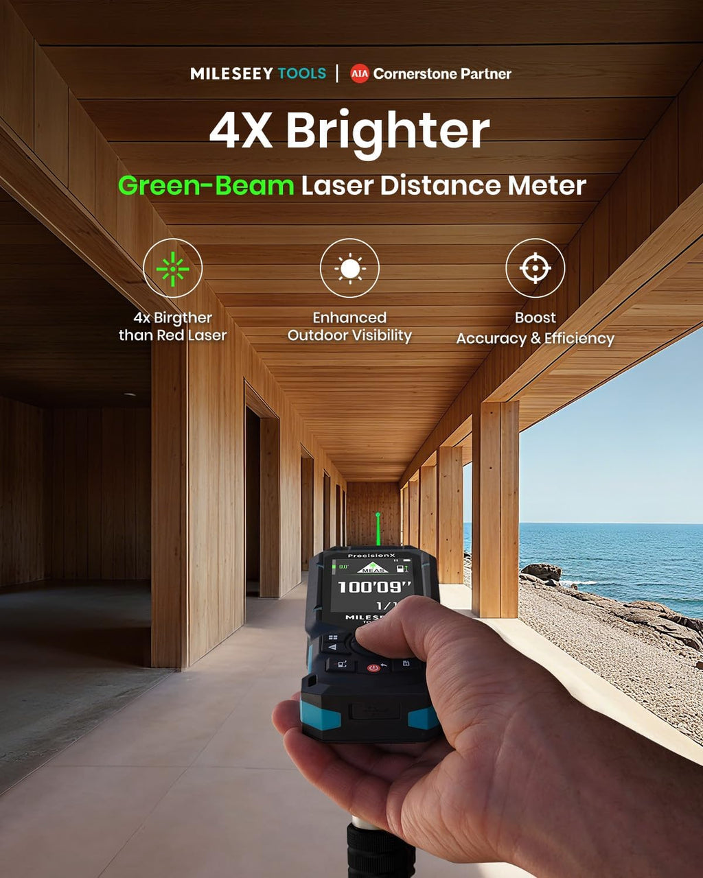 S50 Green-Beam Laser Distance Measure - 400ft Laser Measure, P2P, Side-Laser Alignment, Rechargeable, 2.4" IPS