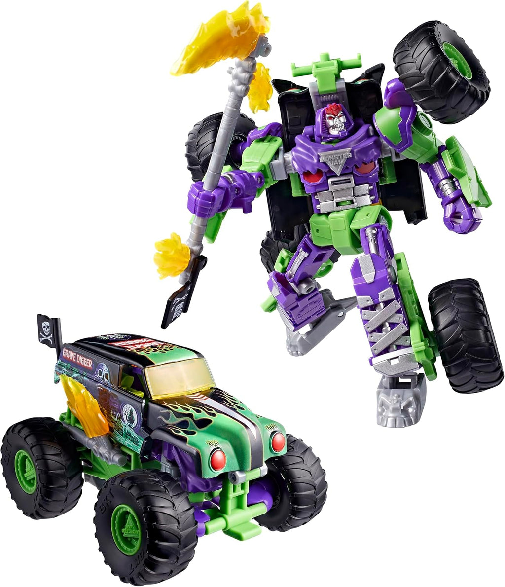 Collaborative x Monster Jam Grave Digger (Grim) | Leader Class 9.25-inch Robot Action Figure Converts to Monster