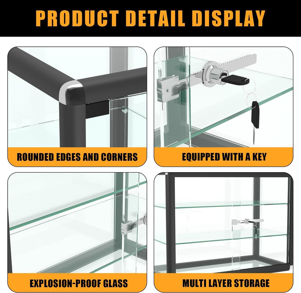 24" W x 18" H x 12" D Black Aluminum Tempered Glass Countertop Display Case - Durabletable Top Display Case,Clear