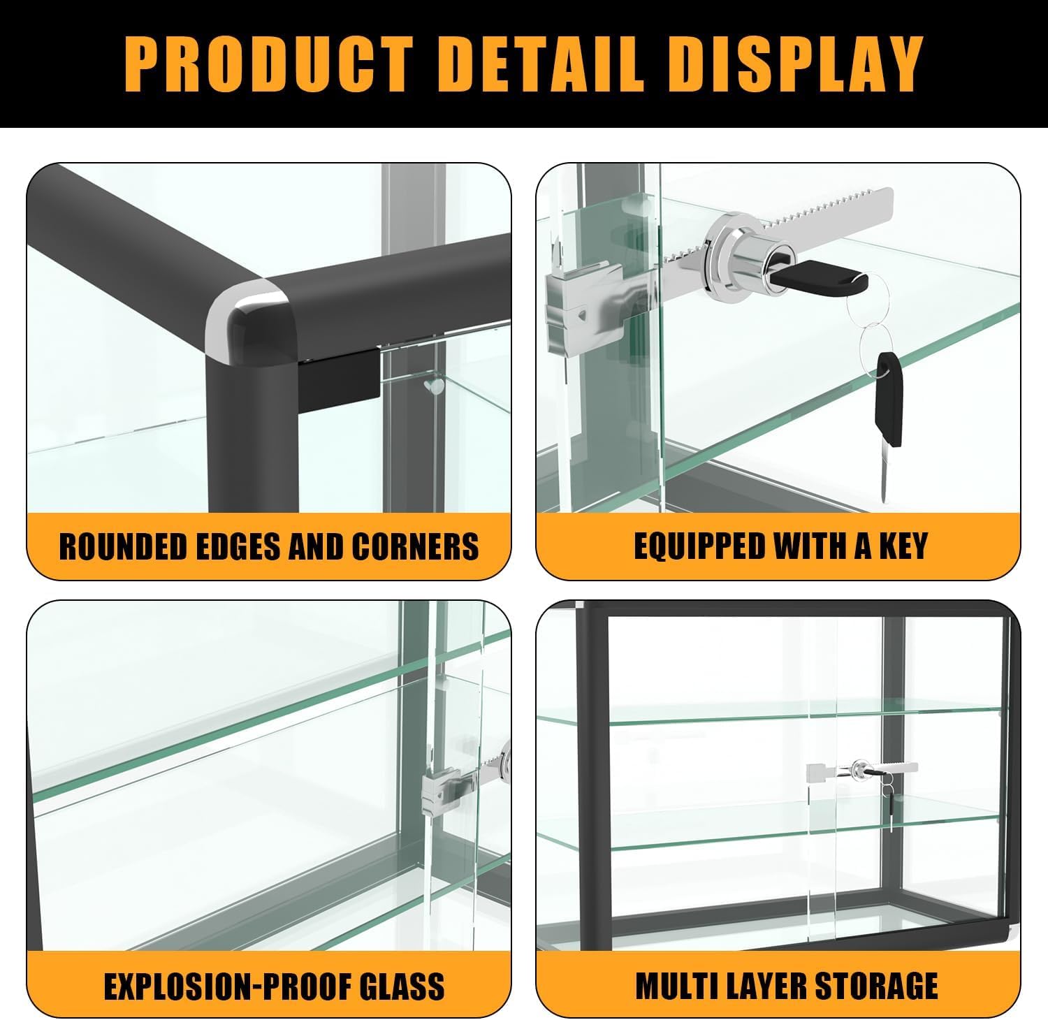 24" W x 18" H x 12" D Black Aluminum Tempered Glass Countertop Display Case - Durabletable Top Display Case,Clear