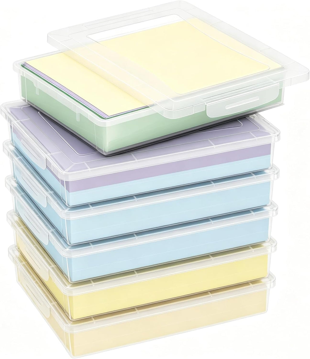 6 Pack Paper Organizer Storage, 12x9 Multi-Purpose Plastic File Box with Latching Lids, Containers for A4, Letter