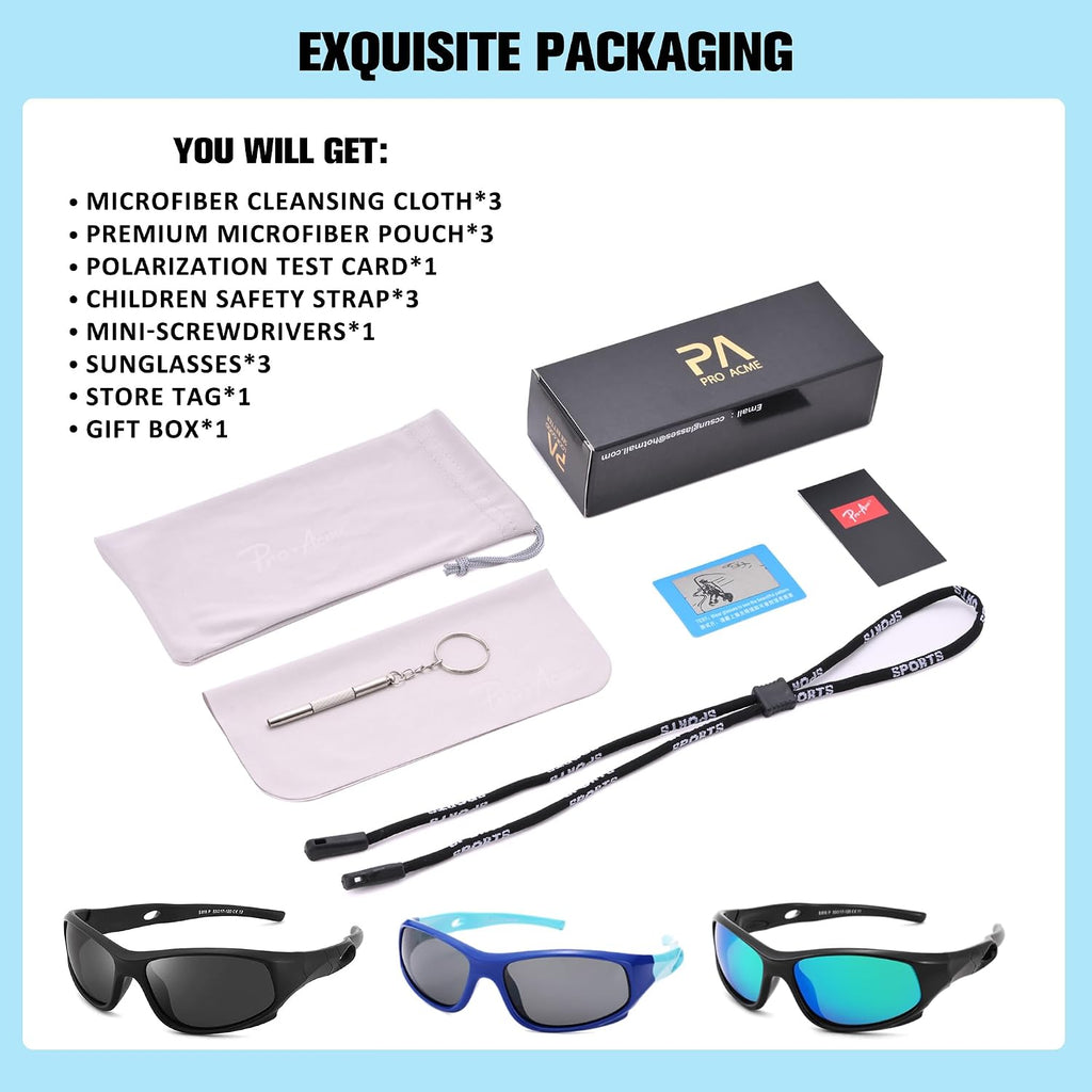 Kids Sunglasses for Boys Girls, Polarized Sports Youth Sunglasses with Strap for Kids Ages Color 3-12
