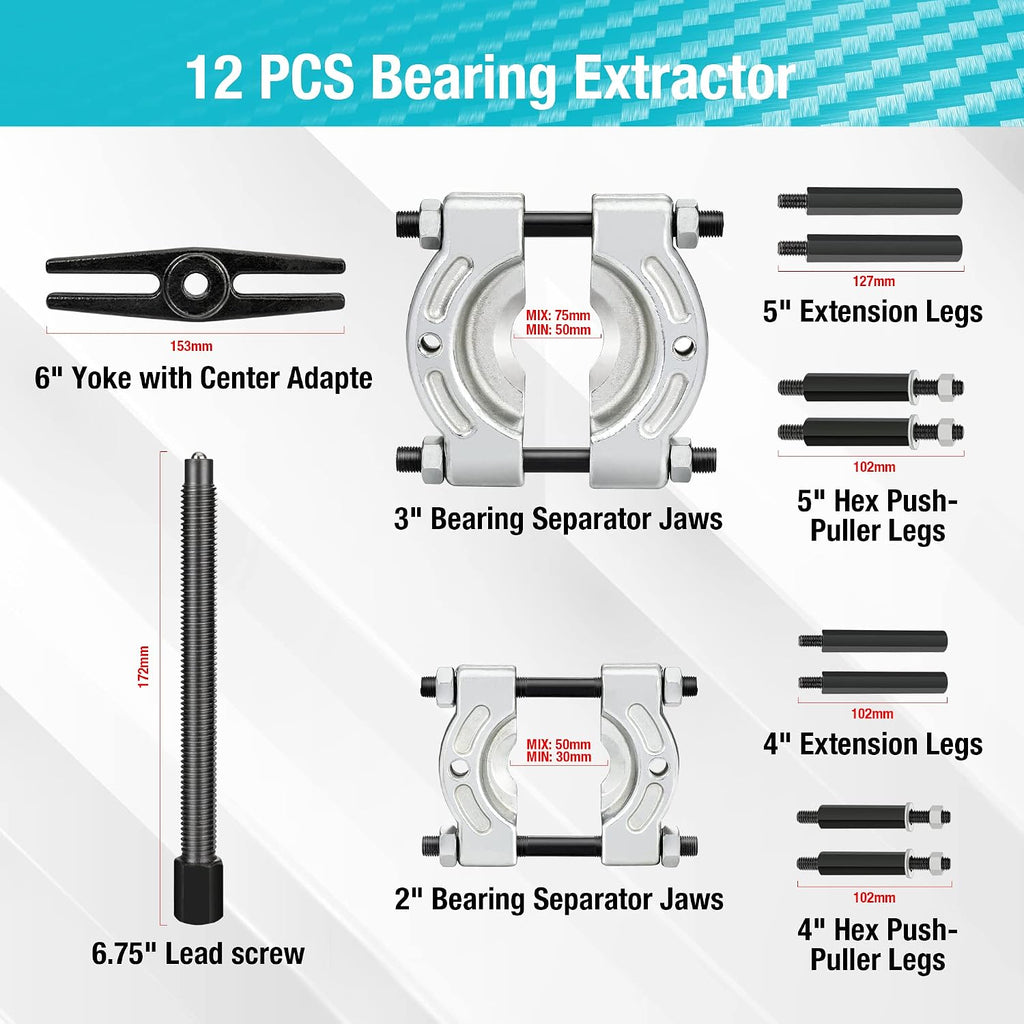 12PCS Bearing Puller Set, 5-ton Capacity Heavy Duty Flywheel Separator Tool, 2" and 3" Bar-Type Splitter Remove