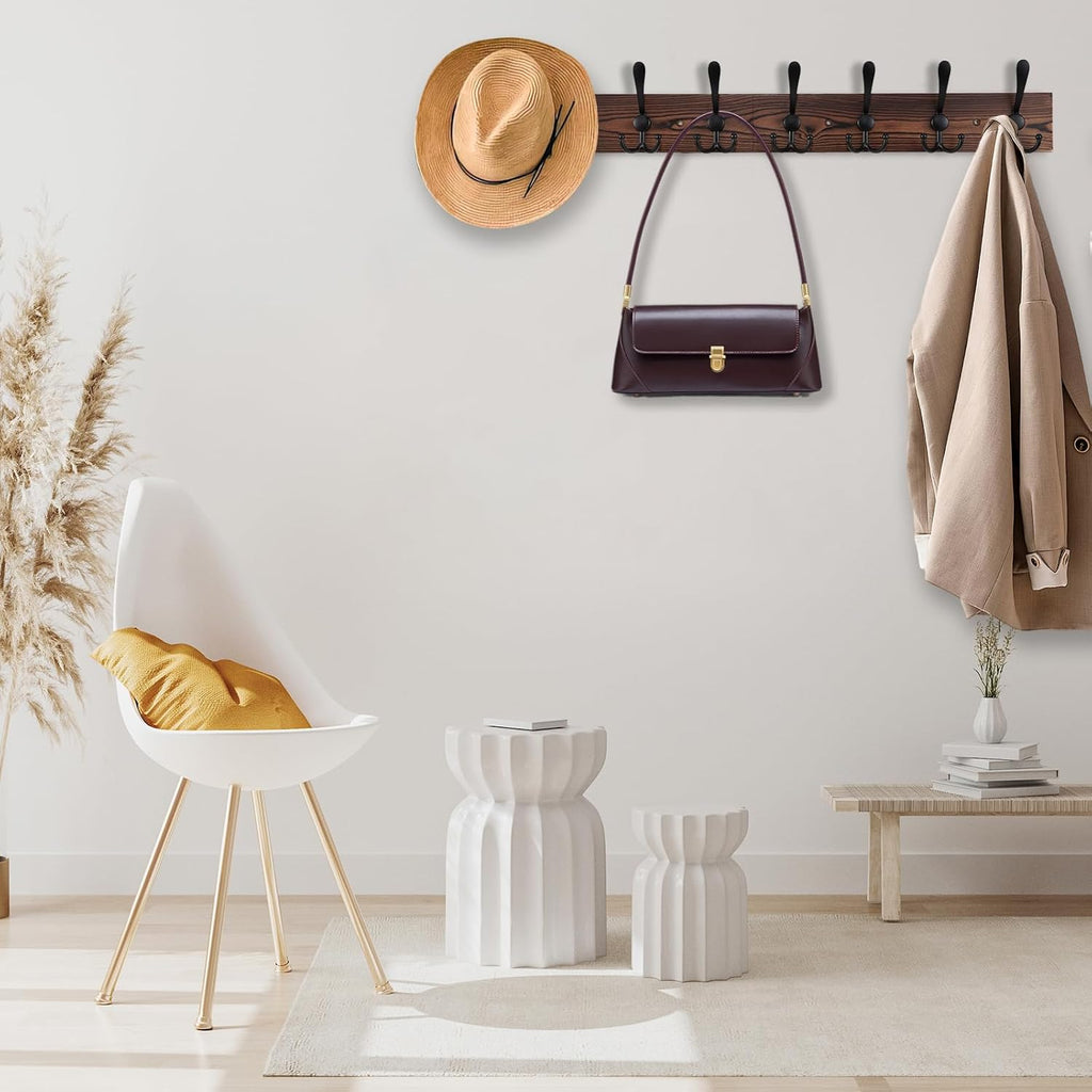 32.2'' Large Coat Rack Wall Mount Coat Hooks Coat Hanger with 8 Metal Black Triple- Hooks Brown Pine Real Wood Plank