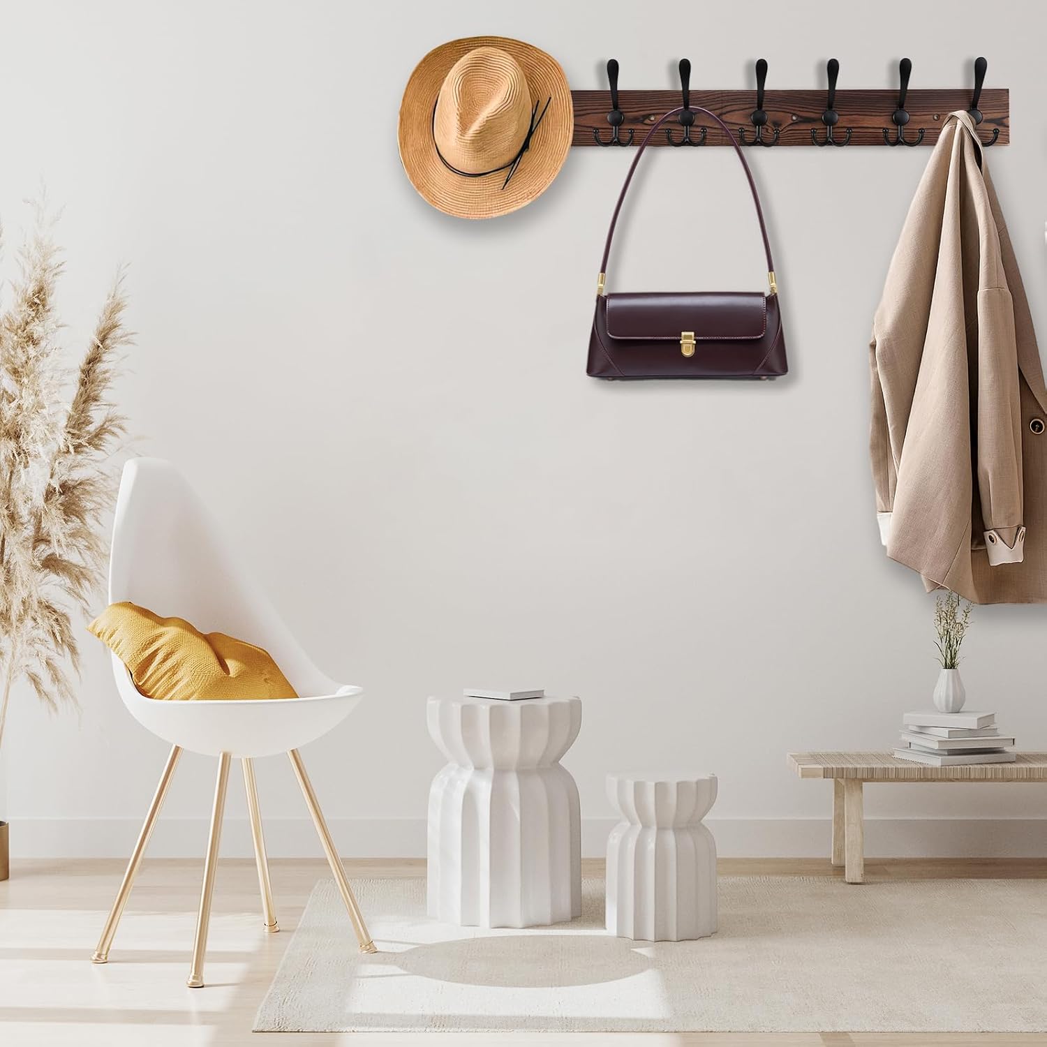 32.2'' Large Coat Rack Wall Mount Coat Hooks Coat Hanger with 8 Metal Black Triple- Hooks Brown Pine Real Wood Plank