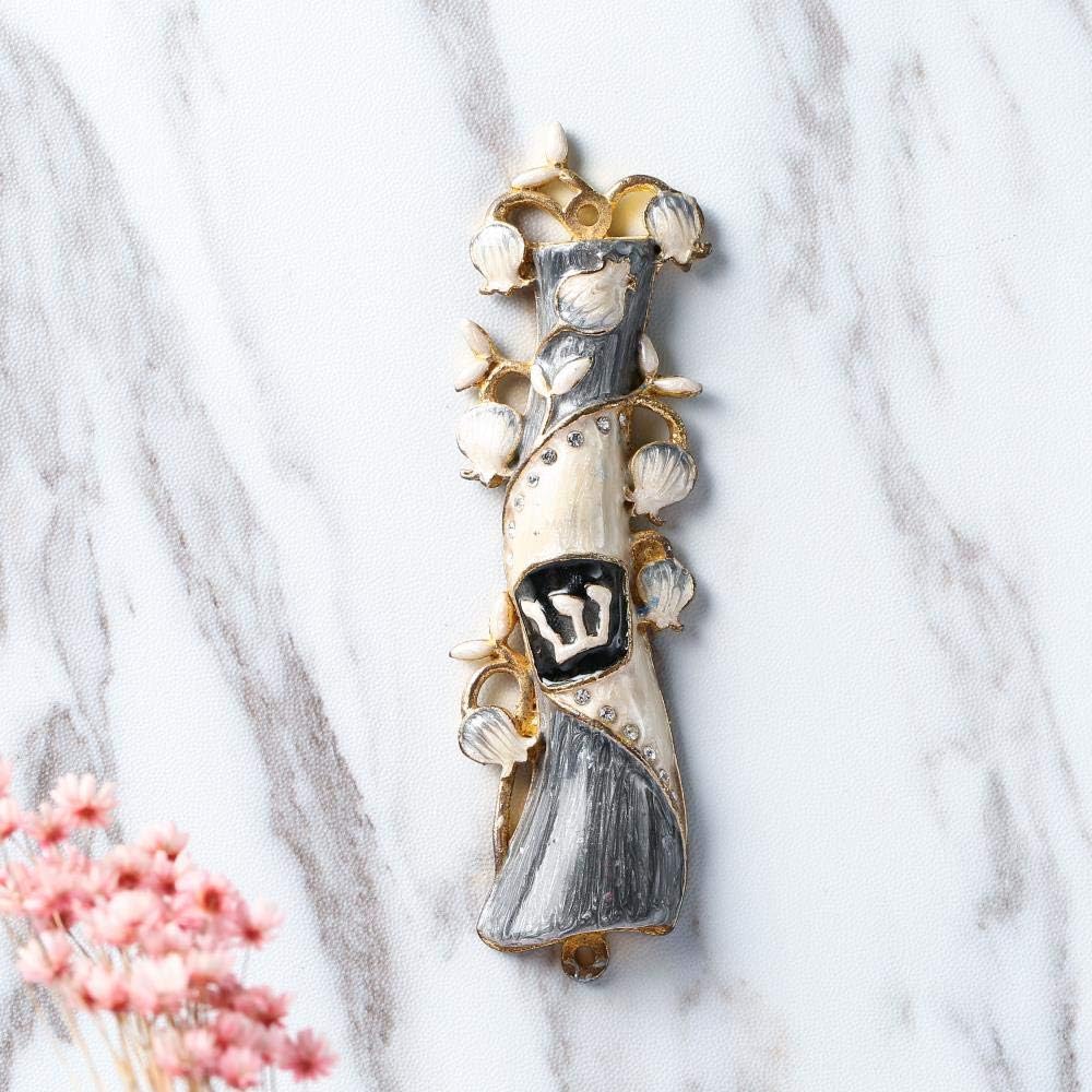 Mezuzah for Door with Scroll, Hand Painted Grey & Gold Enamel