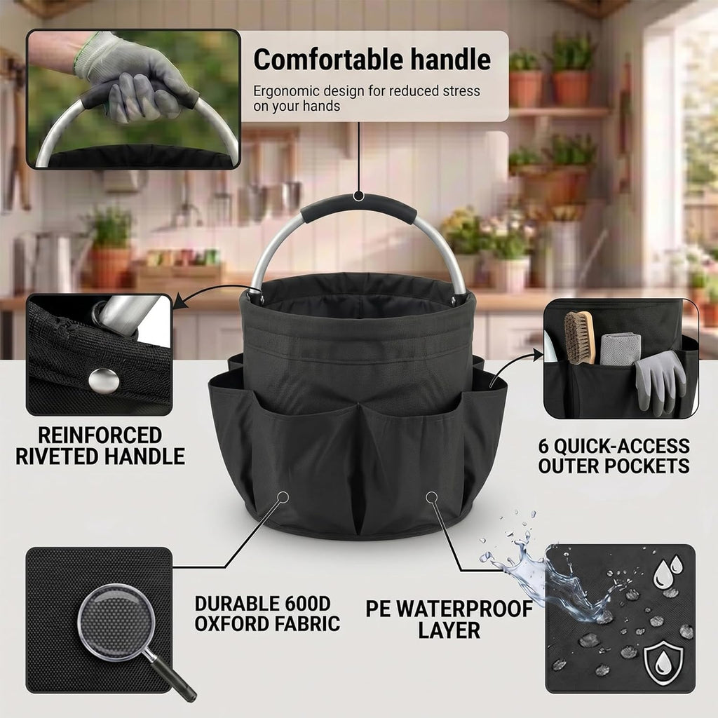 Foldable Cleaning Caddy with Handle 17L Large Cleaning Supplies Organizer 600D Oxford Portable Bucket Basket with 6