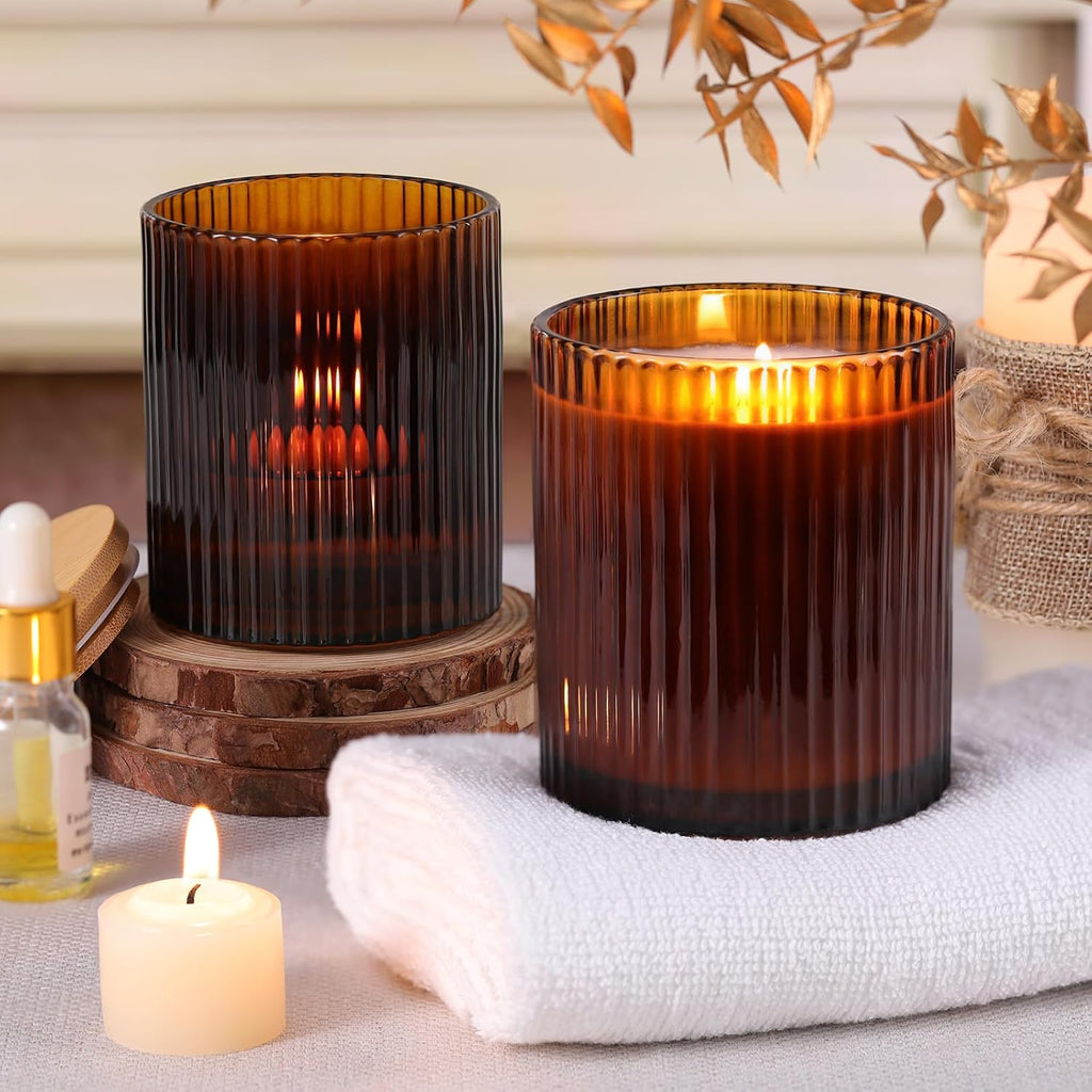 Amber Candle Jars with Lids, 8-Pack 12oz Ribbed Glass Candle Containers | Versatile decorative holder set, ideal for
