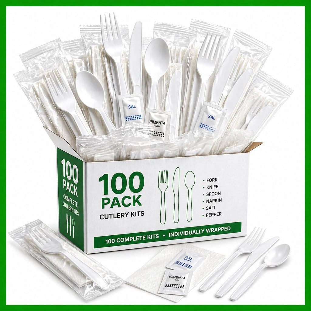Pack Individually Wrapped Plastic Cutlery Set with Napkin, Salt and Pepper Packets Medium Weight Disposable