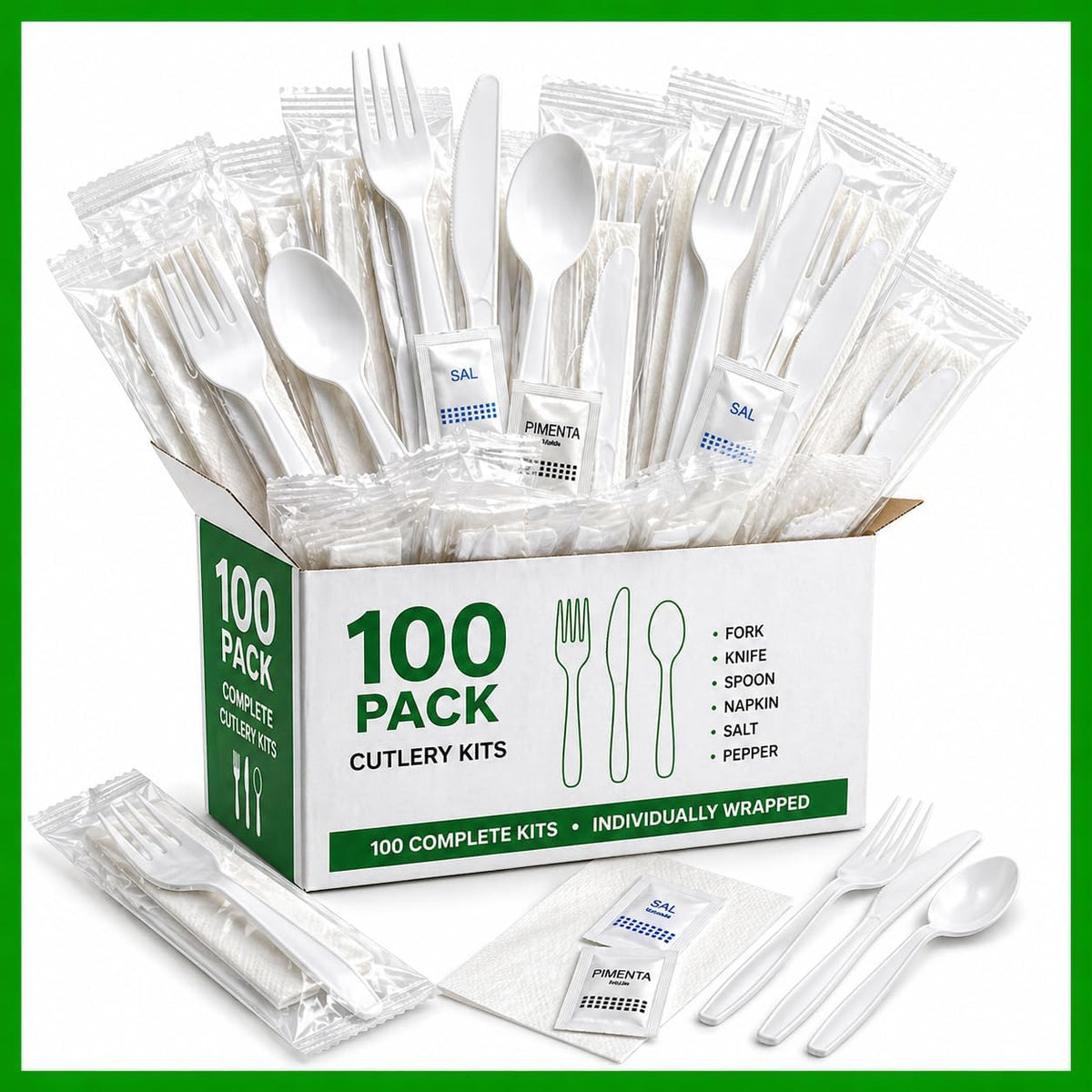 Pack Individually Wrapped Plastic Cutlery Set with Napkin, Salt and Pepper Packets Medium Weight Disposable