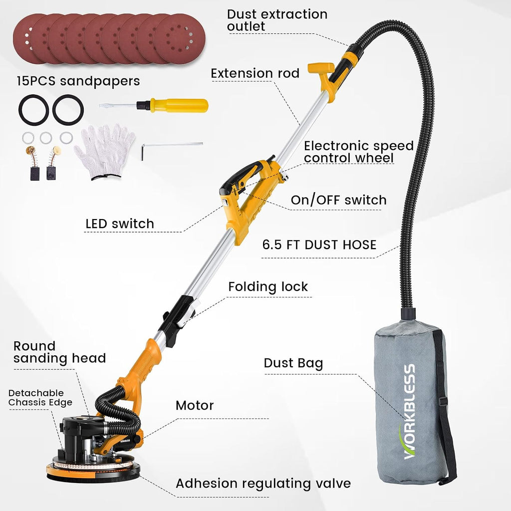 Drywall Sander, 1050W 7.2A Popcorn Ceiling Removal Tool, Automatic Drywall Sander with Vacuum Dust Collector, 7