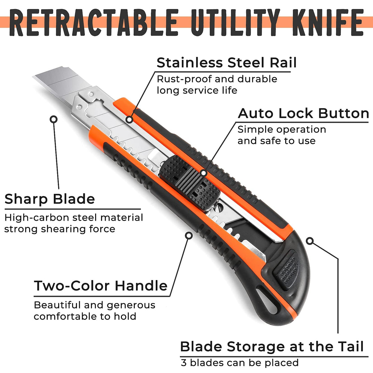 3Pack Box Cutter Retractable, Snap Off Utility Knife, Razor Knife