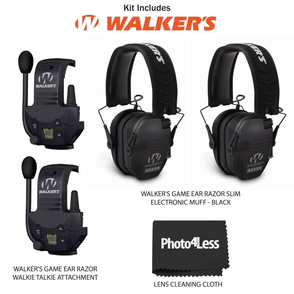 Razor Slim Ultra Low Profile Compact Design Adjustable Hearing Protection Electronic Earmuffs - Black Bundle With