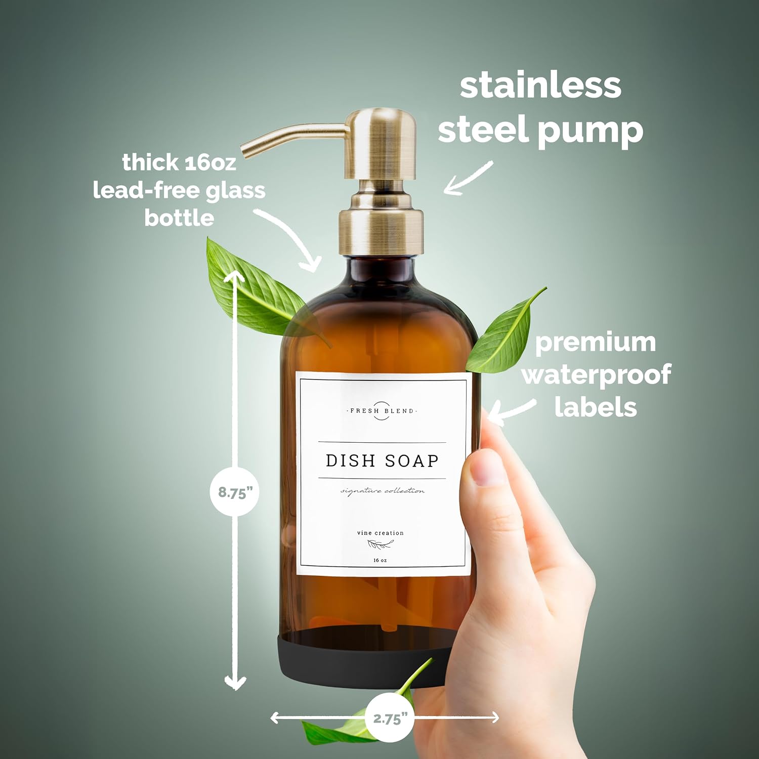 Amber Glass Soap Dispenser, 2 Pack Kitchen Soap Dispenser Set with Stainless Steel Pump, 16 oz Dish Soap and Hand