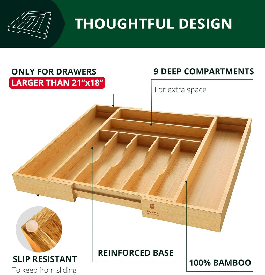 Luxury Bamboo Kitchen Drawer Organizer - Silverware Organizer, Utensil Holder & Cutlery Tray Drawer Dividers for