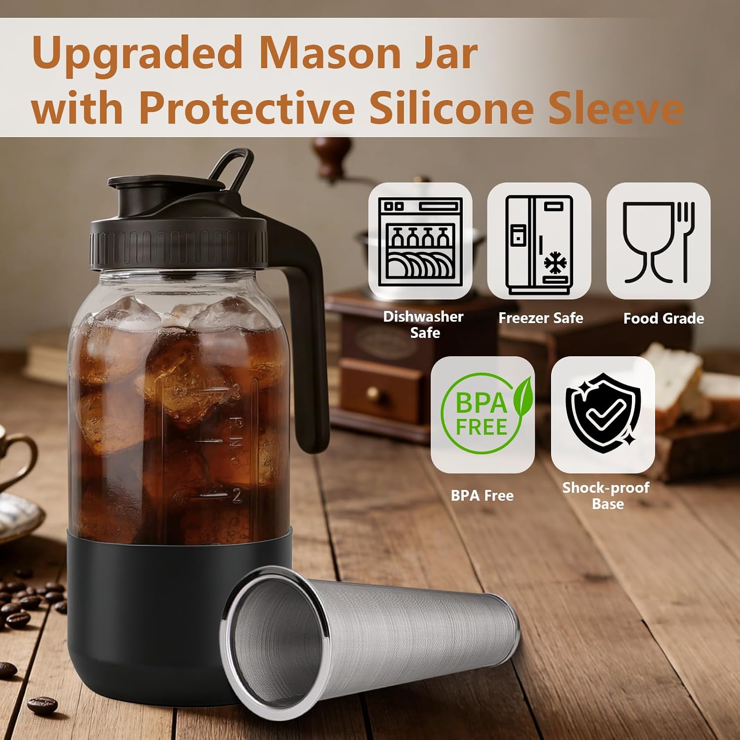 Cold Brew Coffee Maker, 64oz Mason Jar Pitcher with Stainless Steel Filter, Leak-Proof Lid with Pour Spout & Handle