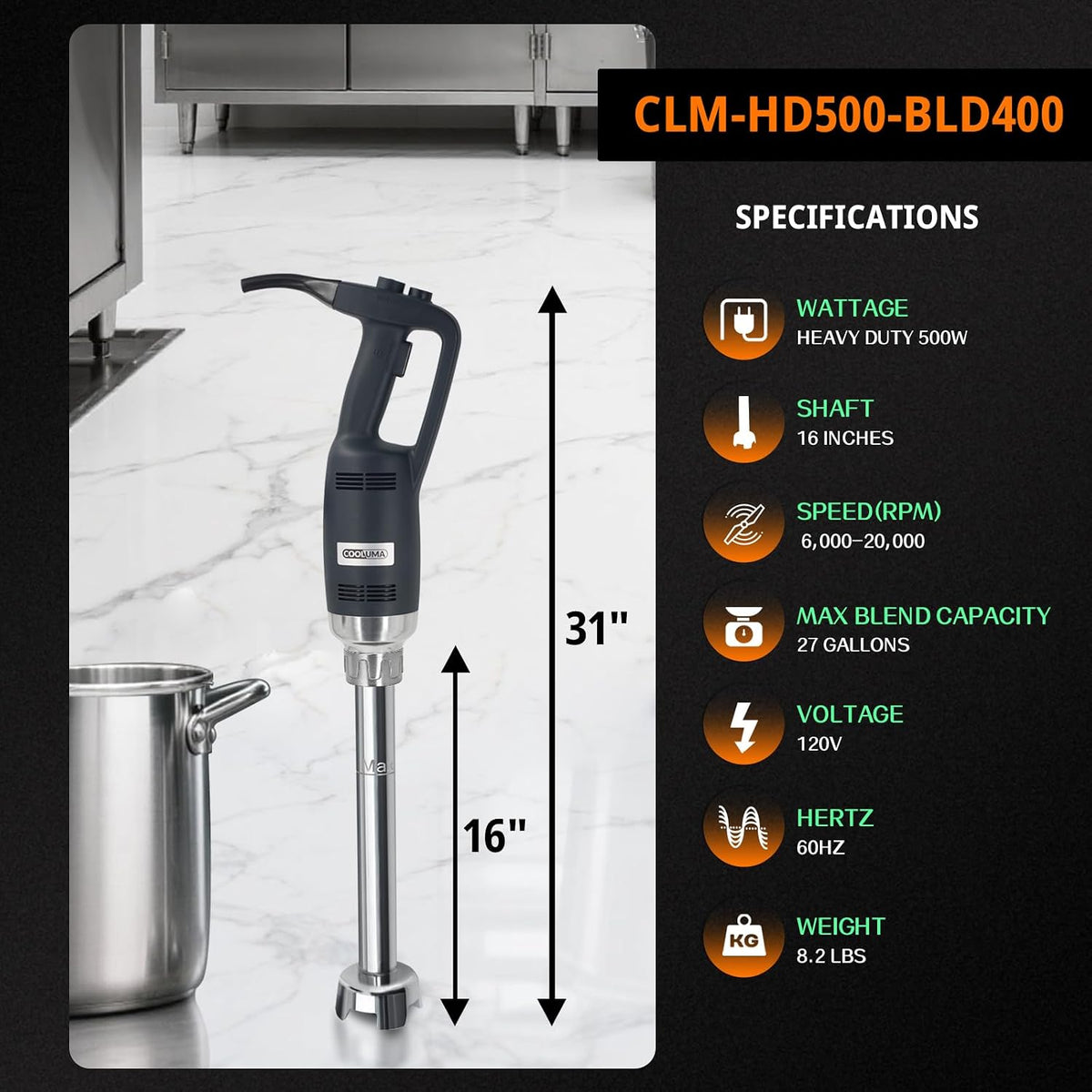 Commercial Immersion Blender, 500W Heavy Huty Hand Blender With 16 Inch Removable Shaft, 6,000-20,000 RPM Variable