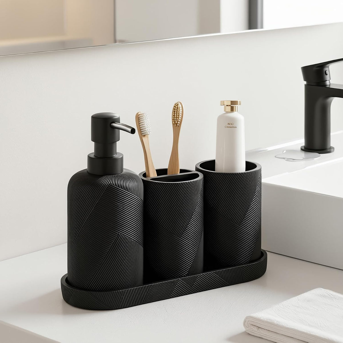 Bathroom Accessories Set, Bathroom Organizer Countertop, Matte Black, 4 PCS | Modern,Simple,Stripe, With 10OZ Soap