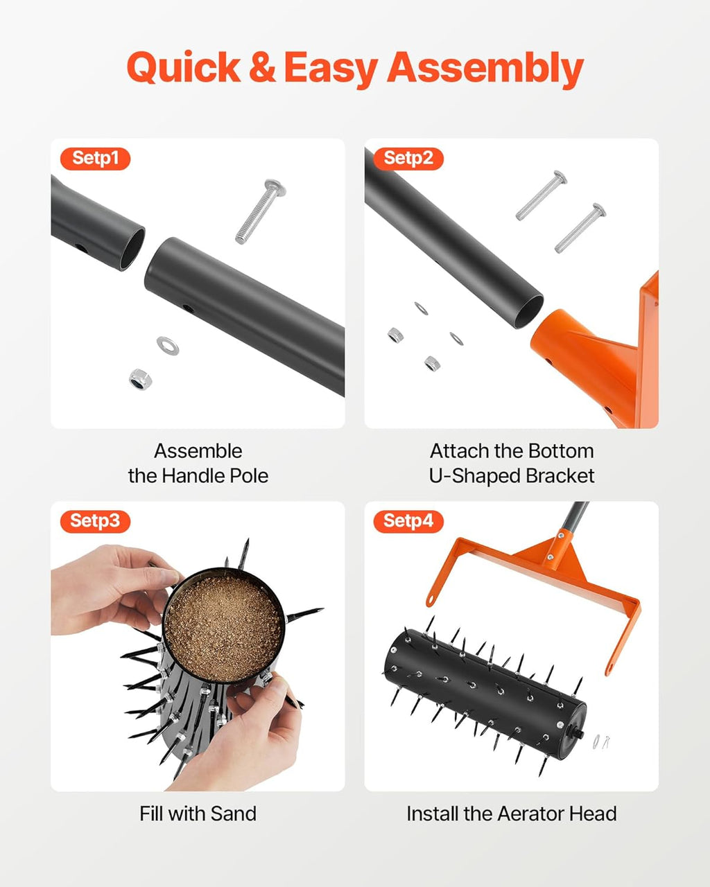 Rolling Lawn Aerator, 15 in Manual Push Aerator Roller with 42 Spikes & 60 in Long Handle, Fillable Drum for Added