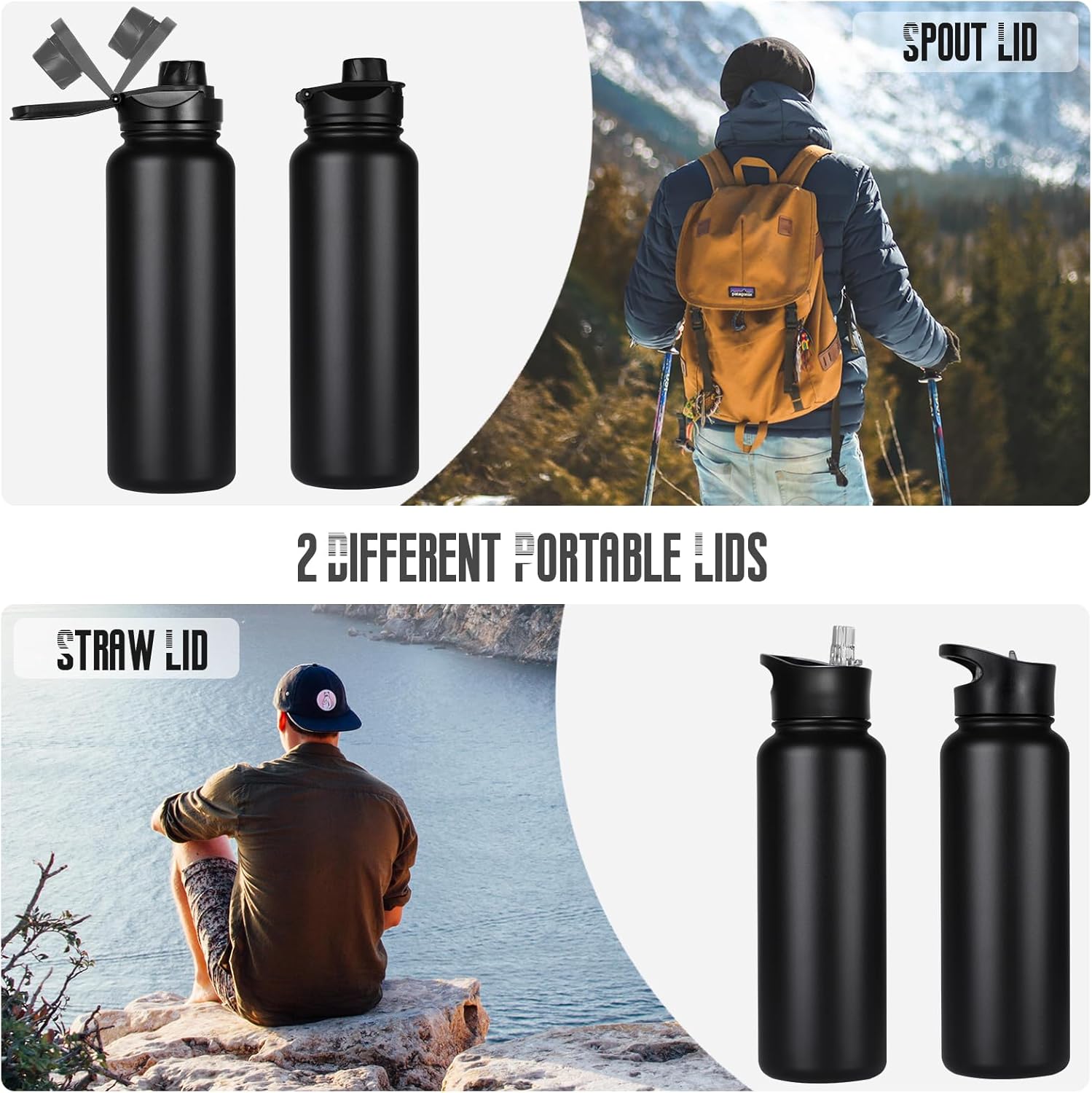 40 oz Insulated Water Bottle with Straw, Stainless Steel Sports Water Bottles with 2 Lids (Straw and Wide Mouth lid)