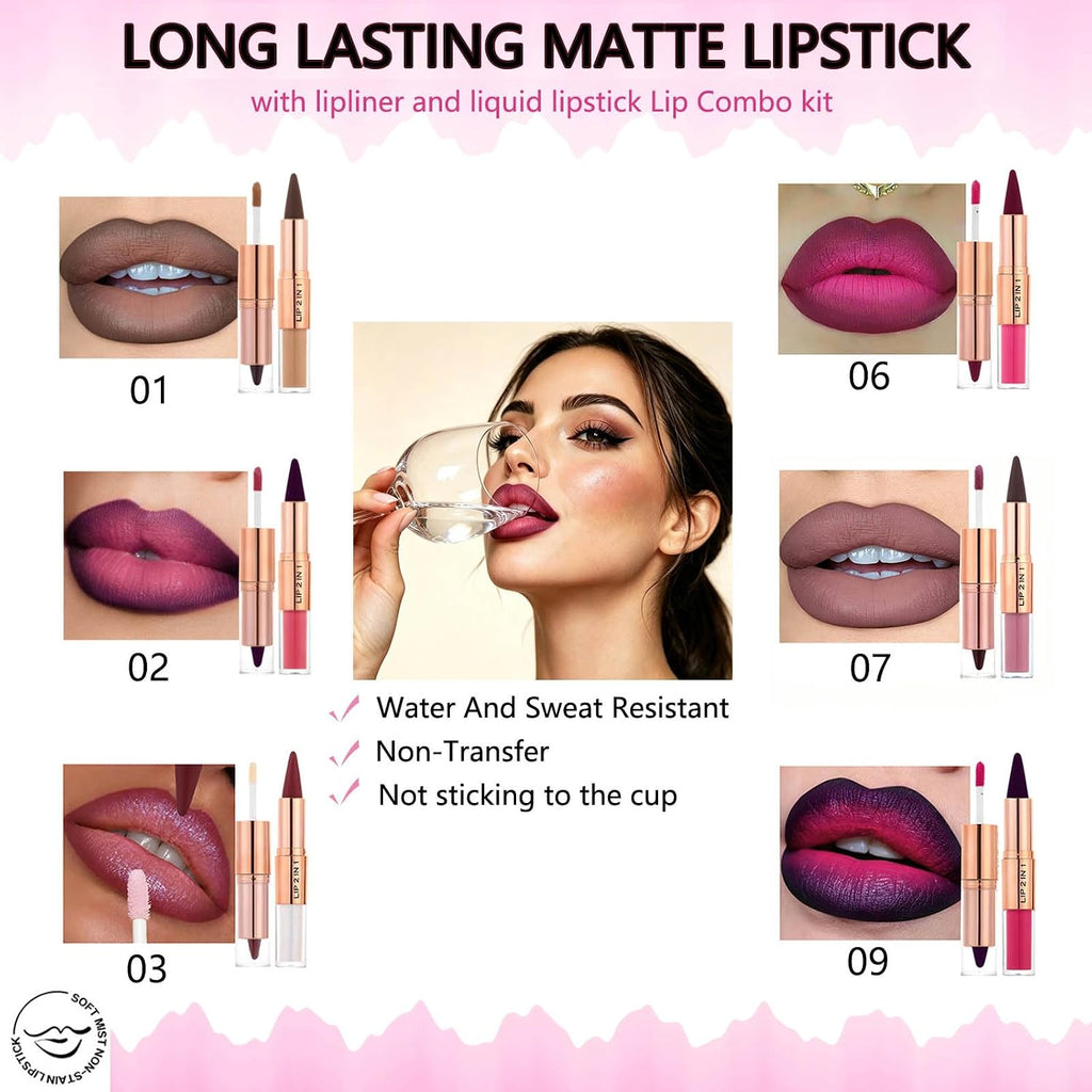 lip liner and lipstick combo 2 in 1 dual ended matte liquid lipstick long lasting waterproof highly pigmented lip