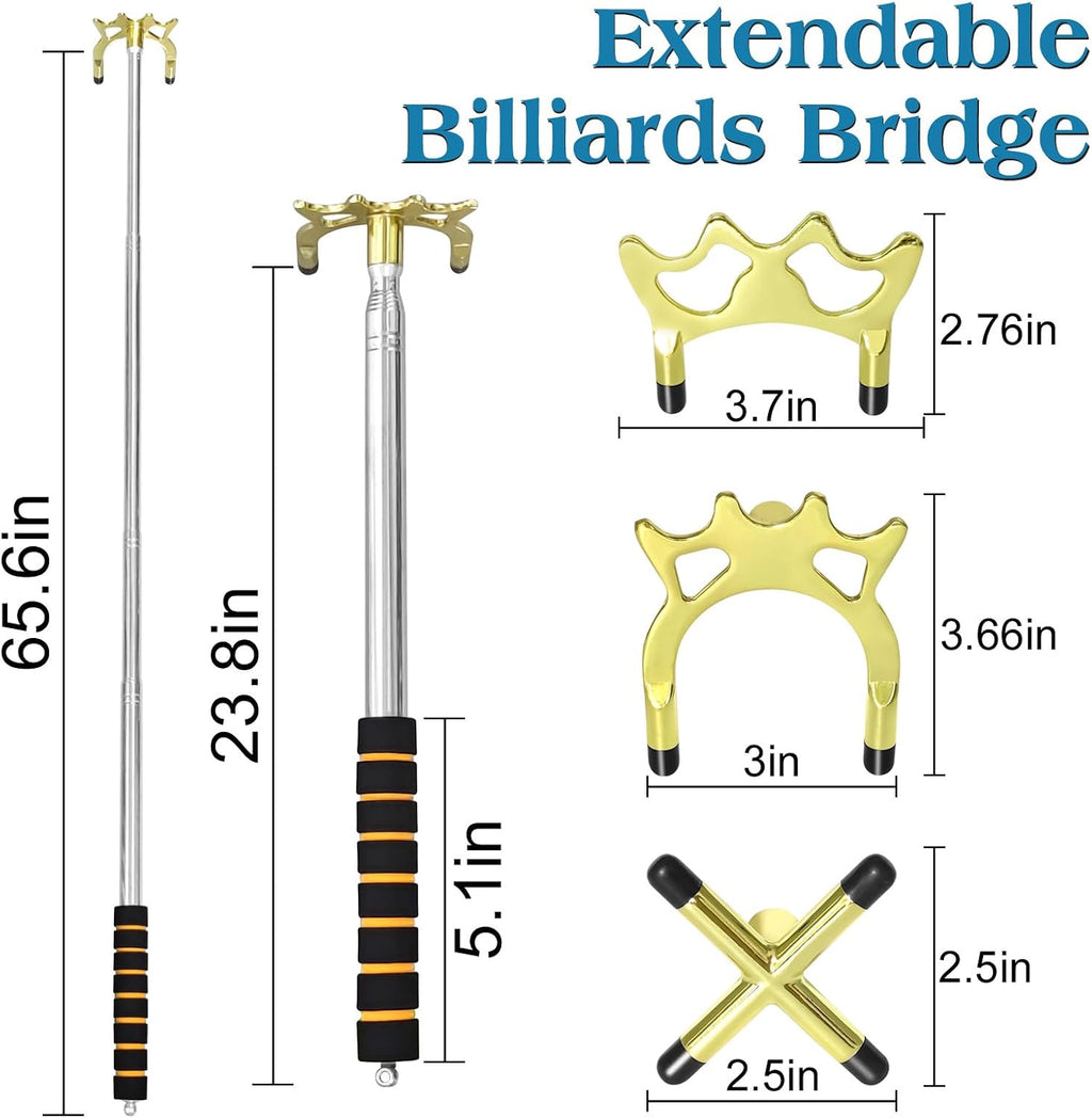 Retractable Pool Cue Bridge Stick Set with 3 Removable Brass Bridge Heads Snooker Billiards Stick Bridge Pool Table