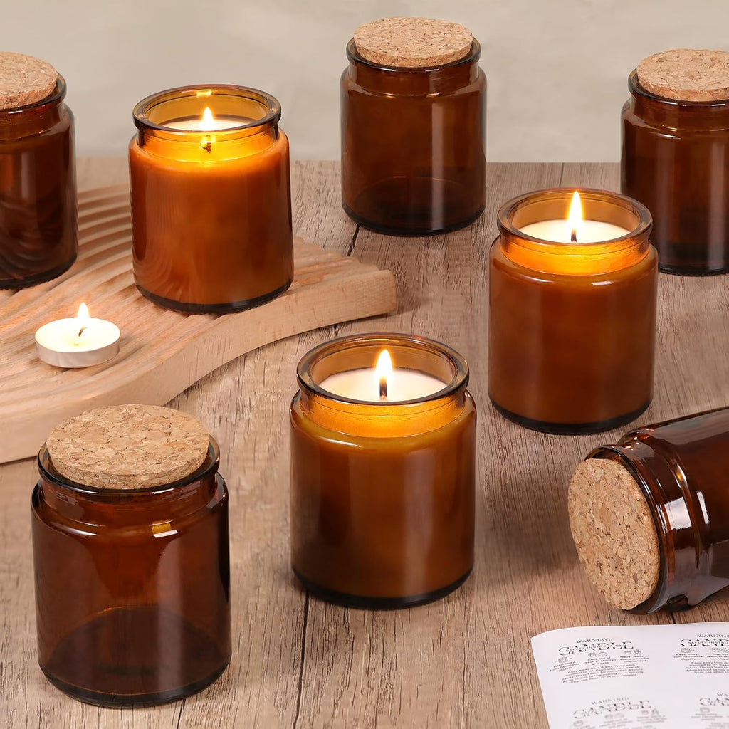 12Pcs Amber Candle Jars for Making Candles, 7.5oz Glass Jars for DIY | Wooden Lids and Labels, Candle Making Supplies