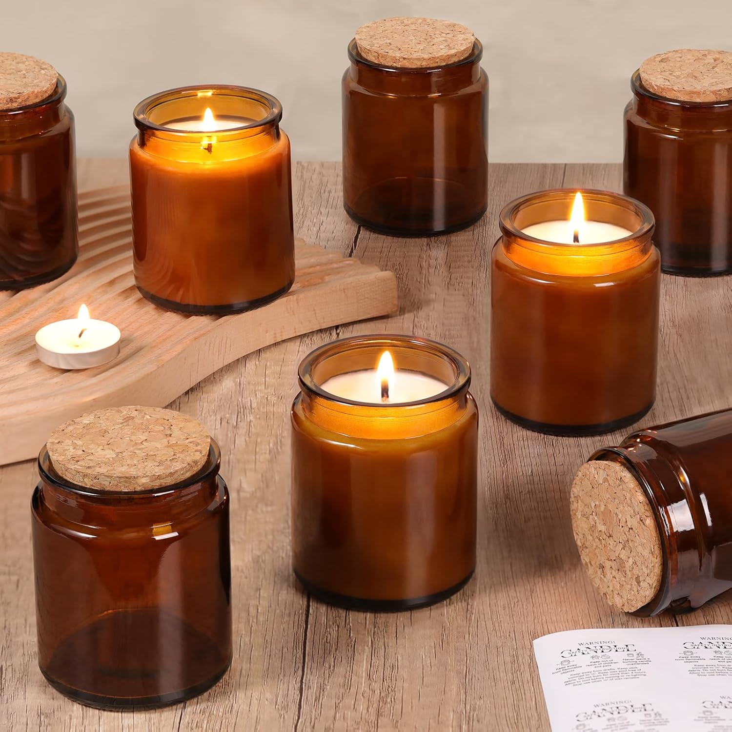 12Pcs Amber Candle Jars for Making Candles, 7.5oz Glass Jars for DIY | Wooden Lids and Labels, Candle Making Supplies