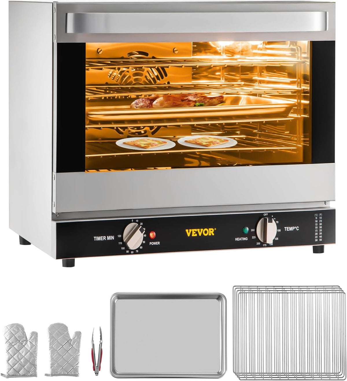 Commercial Convection Oven, 66L/60Qt, Half-Size Conventional Oven Countertop, 1800W 4-Tier Toaster w/Front Glass