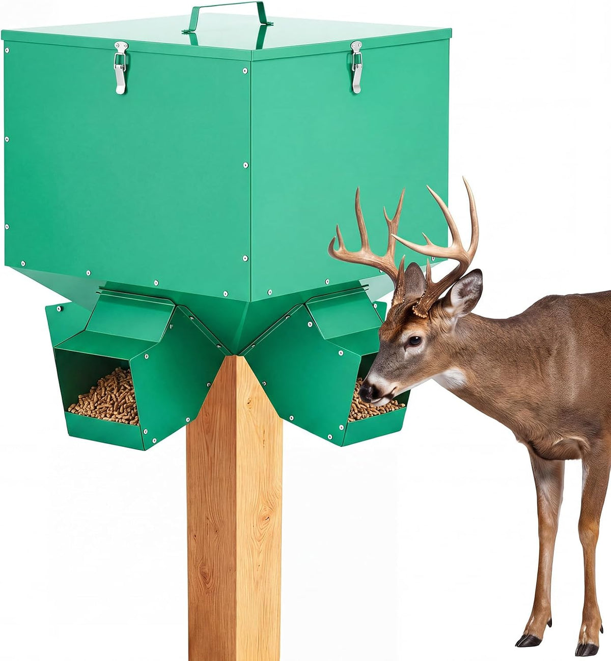 Gravity Deer Feeder, 150 lb Large Metal Hunting Feeder with 4 Ports