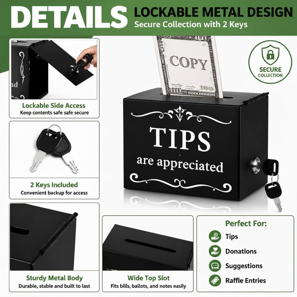 Metal Lockable Tip Jar with 2 Keys, 6 x 4 x 5 Inch Donation Box