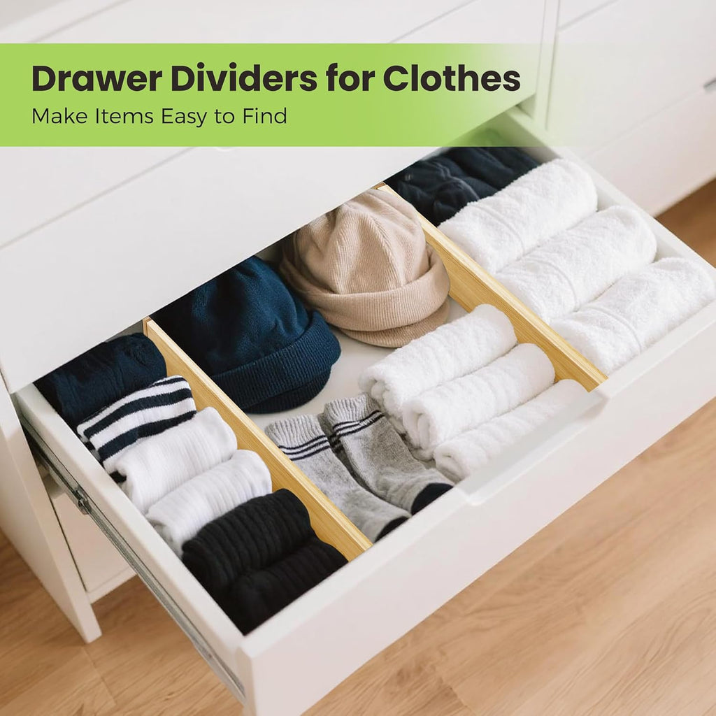 Drawer Divider, Adjustable Bamboo Kitchen Drawer Organizer, Spring Loaded Drawer Organizer, Dresser Separators for