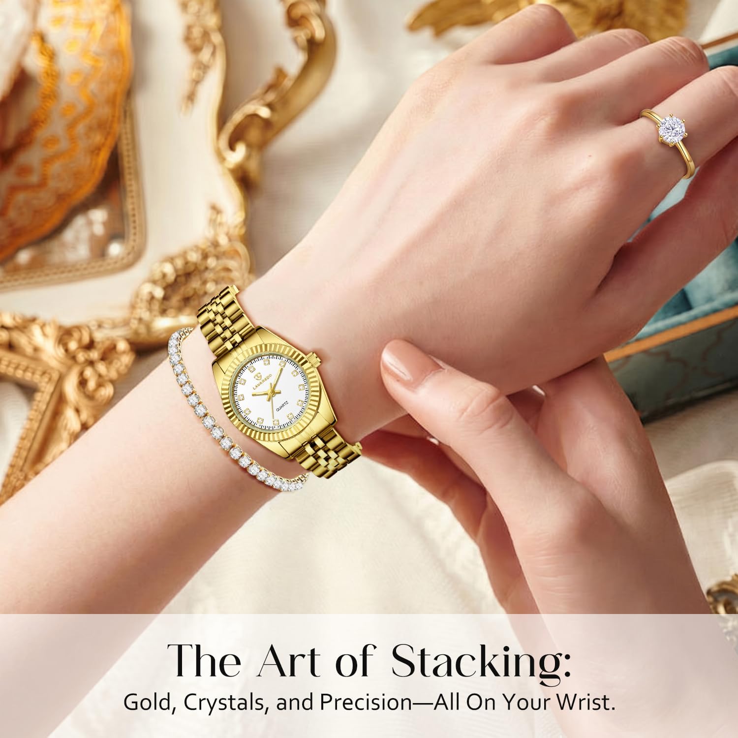 Gold Womens Watch Set, Gold Plated Bangle Bracelet | 18K Gold Plated Bangle Bracelets, Dainty Ladies Analog Watch