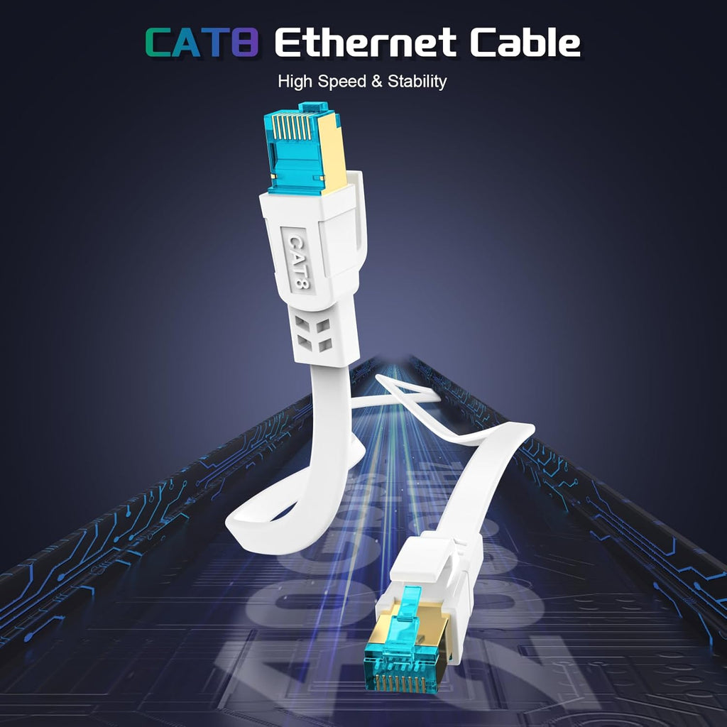 Cat 8 Ethernet Cable 50 ft, Shielded Flat RJ45 Network LAN Cable | Supports 40Gbps 2000MHz, UV Resistant