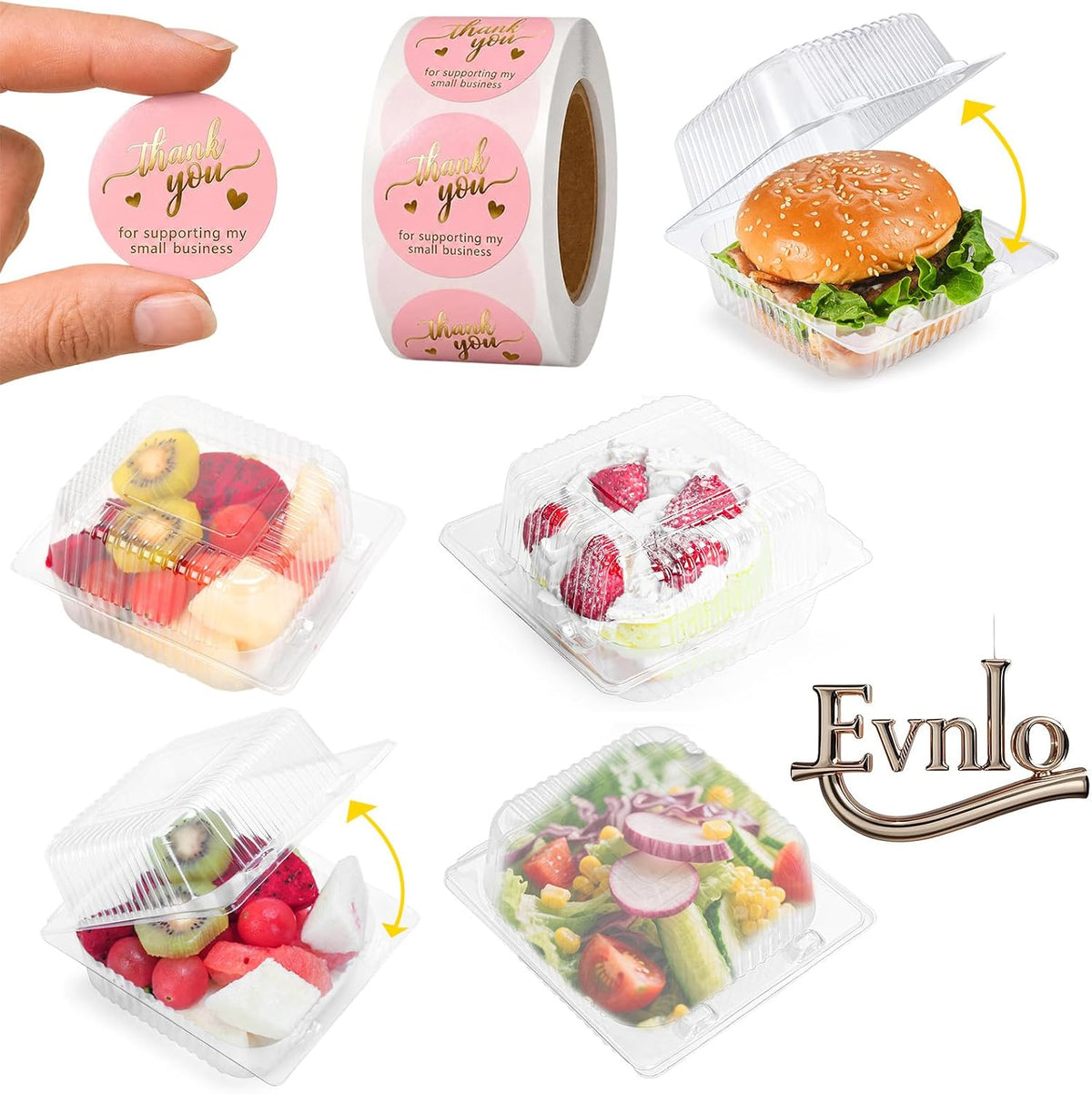 100 Pack Heavy Duty Clear Clamshell Food Containers with 500 Stickers