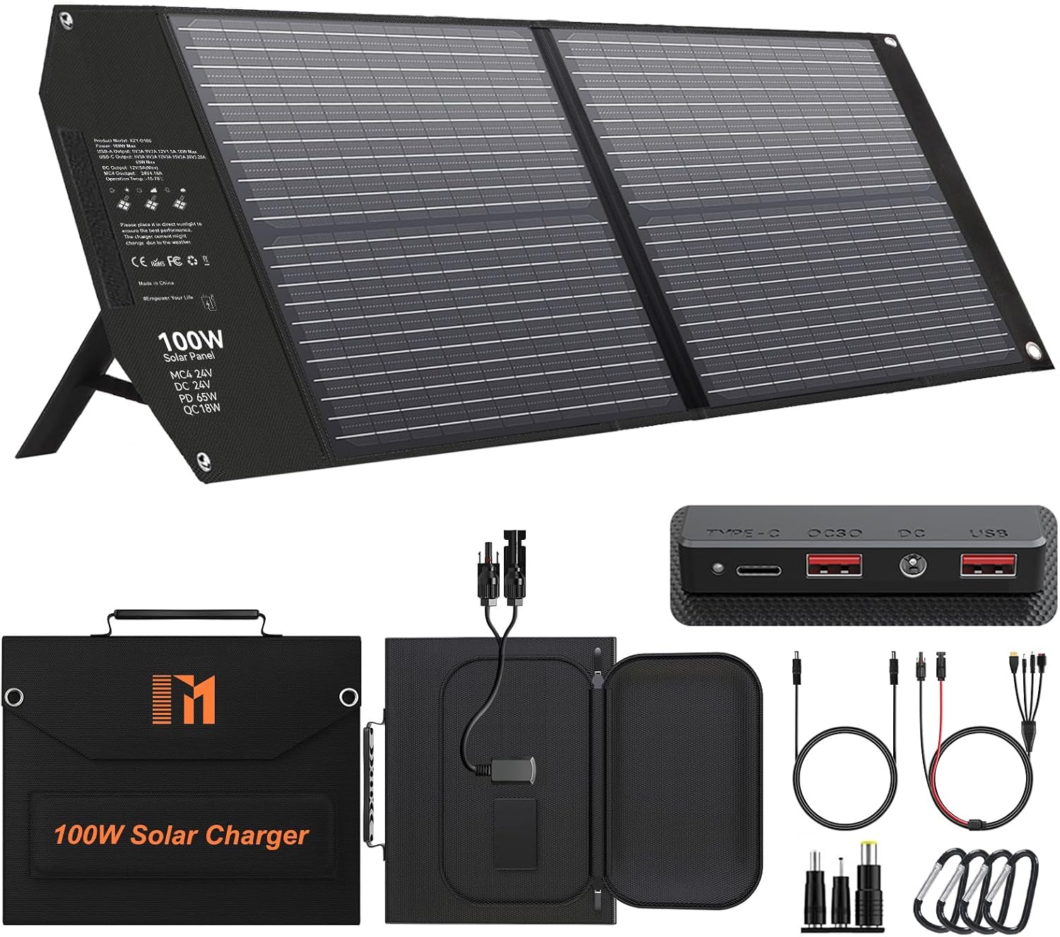 100W Portable Foldable Solar Panel Charger 24V MC4 DC USB-C USB-A | USB-C PD65W, USB-A QC3.0 Fast Charging
