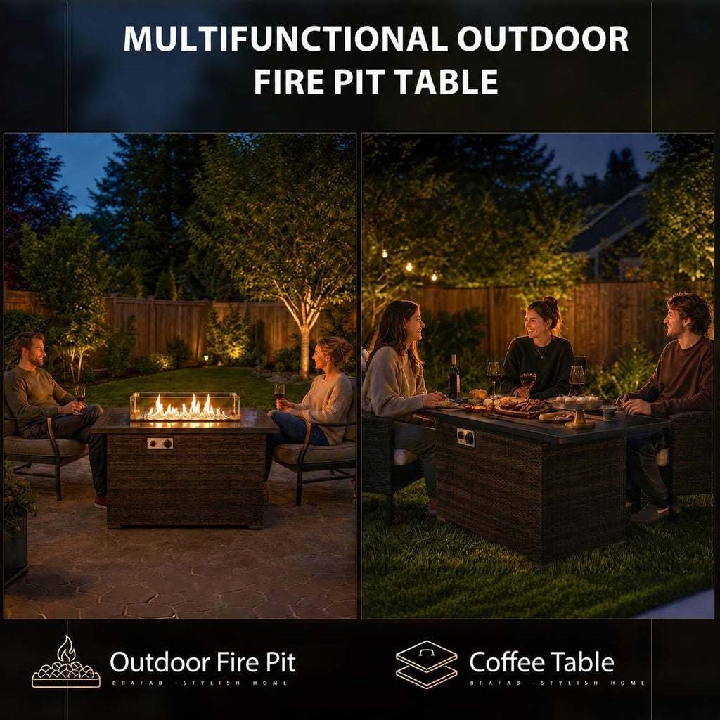 44" Propane Fire Pit Table with Tempered Glass Top, Lid, Brown
