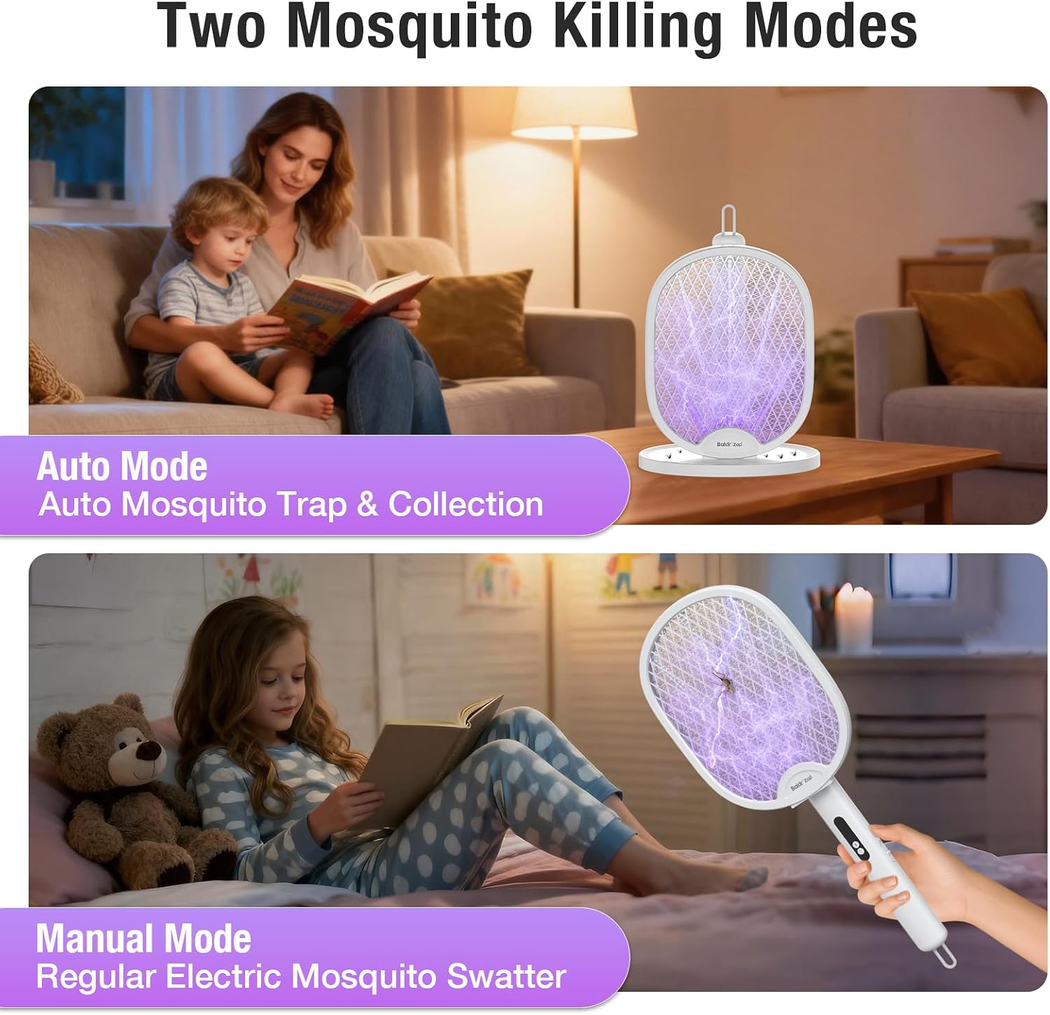 Electric Fly Swatter Racket, Foldable 2 in 1 Bug Zapper 3000V Powerful Mosquito Killer with Purple Attractant Trap