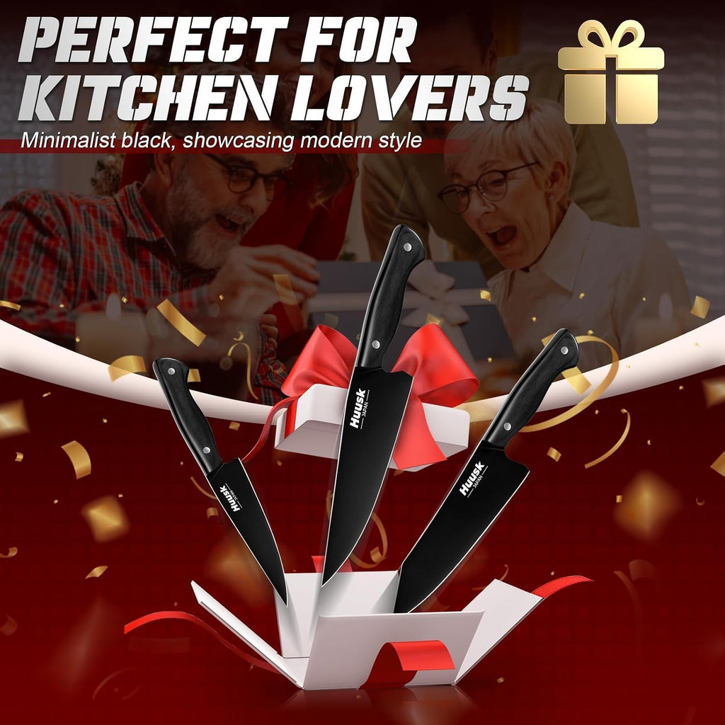 Japanese Chef Knife Set for Kitchen - 3 pcs Black Kitchen Knife Set