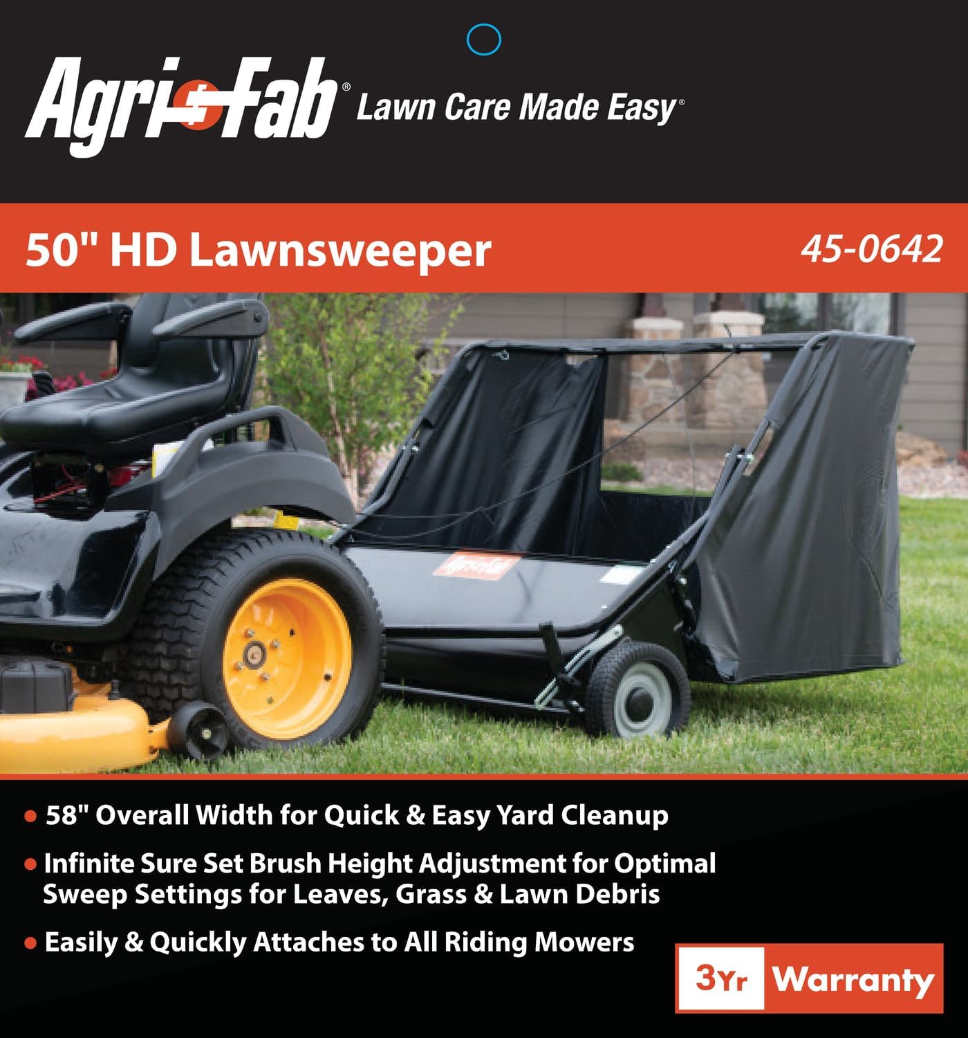 50 in Heavy Duty Tow Behind Lawn Sweeper with 26 Cu Ft Hopper and Adjustable Brush Height