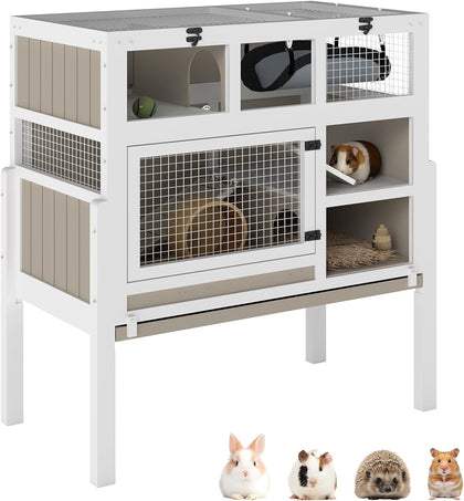 3-Tier Guinea Pig Cage Indoor Wooden Small Animal Habitat with Stand | Rabbit Hutch with Ramp, Removable Hammock &