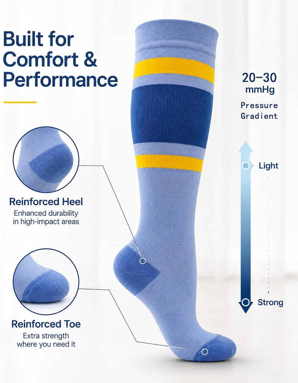 3-Pack 20-30 mmHg Cotton Compression Socks, Bright Striped