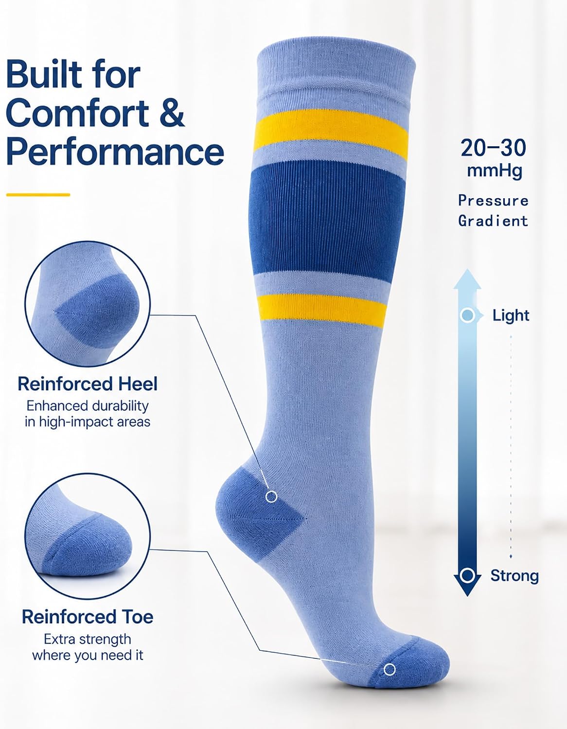 3-Pack 20-30 mmHg Cotton Compression Socks, Bright Striped