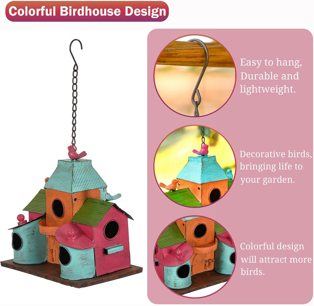 Colorful Metal Bird House for Outside, Hanging Birdhouse with 5-Compartment