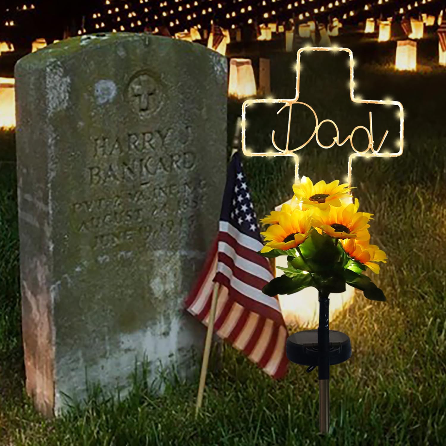 Solar Cross Sunflower Lights for Cemetery Dad, Waterproof Grave Decorations for Cemetery Dad, Sympathy Memorial Gifts