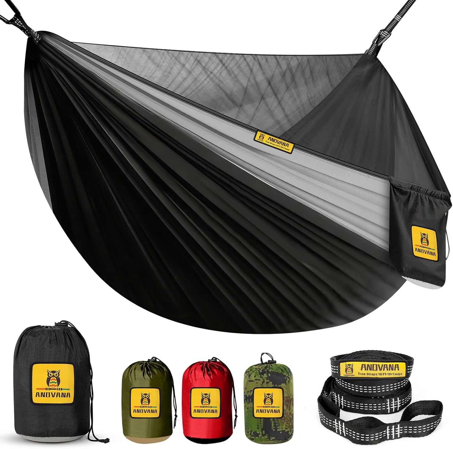Camping Hammock with Mosquito Net, 500 lbs Portable Hammock with Tree Straps, 2-in-1 Double/Single Travel Hammock