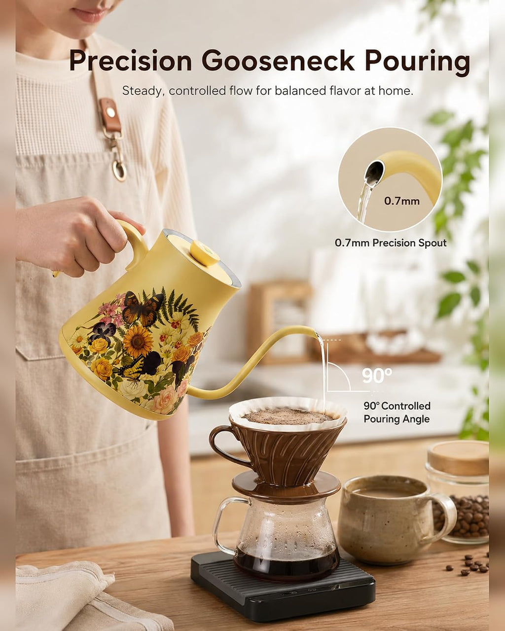 0.8L/27oz Gooseneck Electric Kettle - ±1℉ Precise Temperature Control for Pour Over Coffee & Tea, 1200W Fast Heating